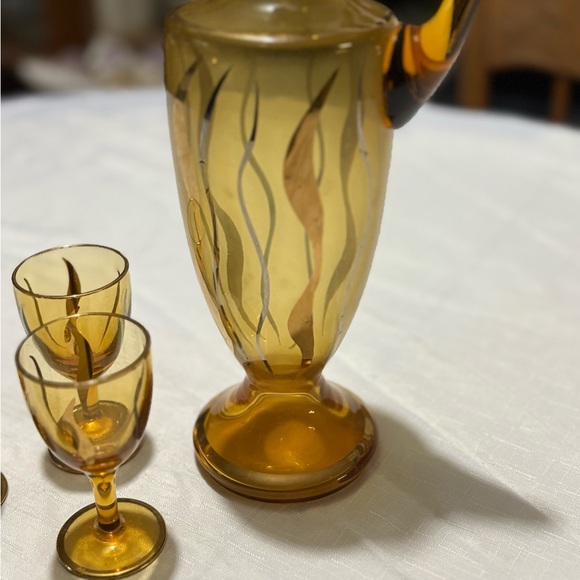 Vintage Amber Glass Decanter Set with Glasses - Picture 5 of 13